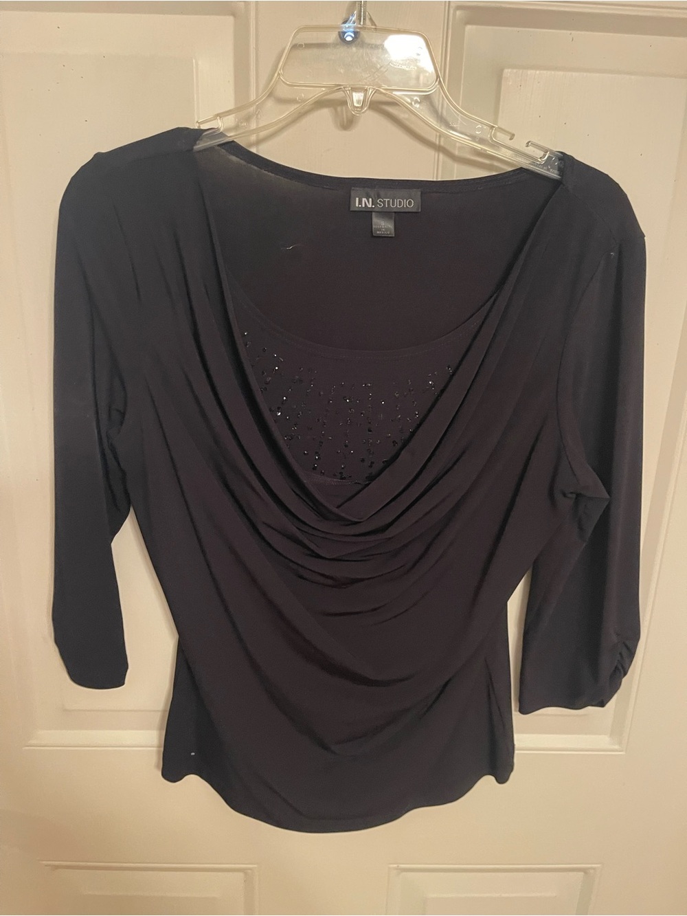 I.N. Studio Black Draped Cowl Neck Blouse with Beaded Inner Panel